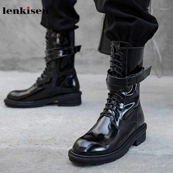 

lenkisen fashion cool motorcycle boots genuine leather round toe med heels belt buckle lace up zip warm women mid-calf boots l291, Black