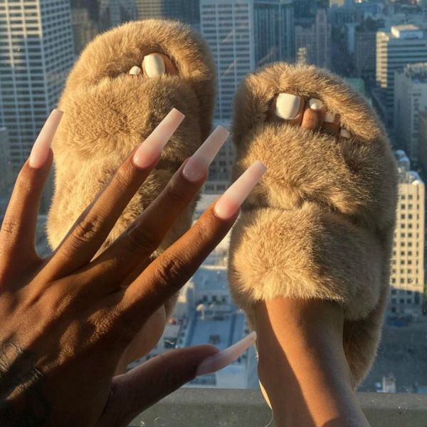 

house women furry slippers winter soft faux fur warm flats rubber sole non slip home slides luxury casual shoes ladies female x1020, Black