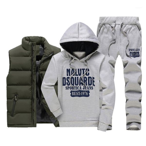 

mqiaoham men's tracksuit hoodie men casual active suit zipper outwear jacket+pants sets+warm down vest jacket three piece set1, Gray