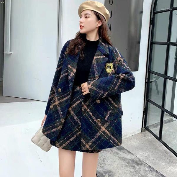 

autumn fashion two-piece suits thick plaid tweed female coat a-line skirt two 2 piece set women suit basic jackets uniform1, Black;brown