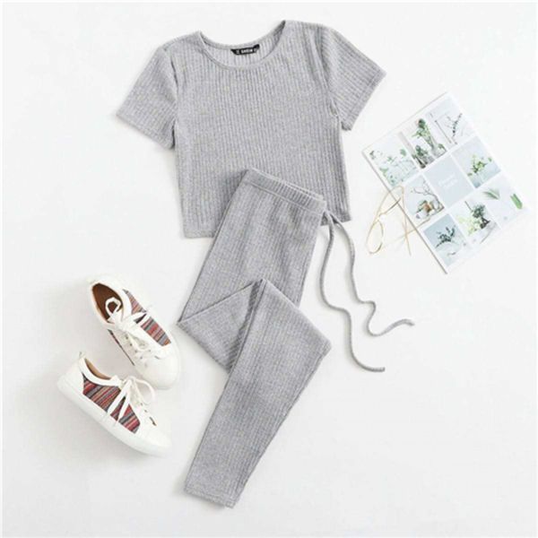 

shein rib-knit tee and tie waist leggings set women solid slim fit 2 piece set autumn skinny casual two piece sets c0122, Gray