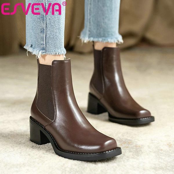 

boots esveva 2021 elegant slip on fashion pu+leather ankle autumn winter ladies square toe med heel women shoes size 34-39, Black