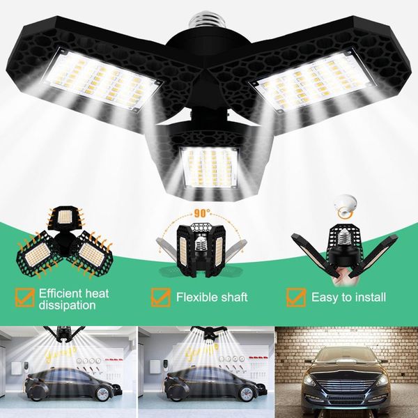 

led garage light 360 degrees deformable ceiling light for home warehouse workshop folding three-leaf deformation lamp ac85-265v