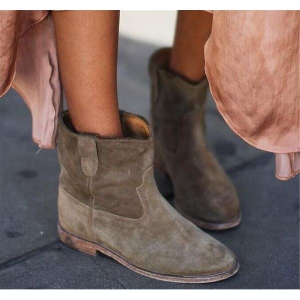 

suede genuine leather women biker boots calfskin motorcycle shoes flat/ height increasing heels retro cowboy pleated ankle boots y200115, Black