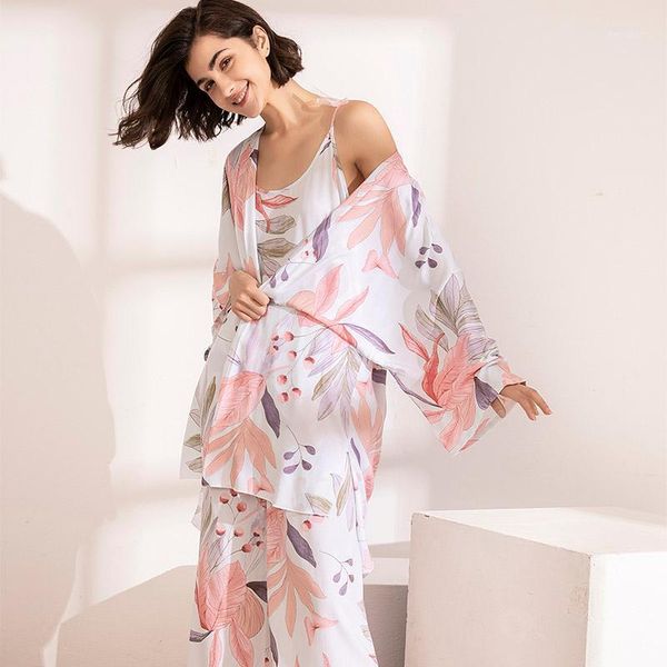 

selling 3pcs soft pajama set for spring & fall ladies sleepwear floral printed pink leaves cardigan+camisole+pants homewear1, Black;red