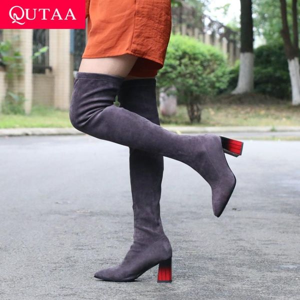 

qutaa 2021 pointed toe fashion over the knee boots square high heel stretch long boots flock winter women shoes big size 34-43, Black