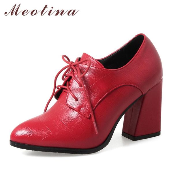 

meotina shoes women pumps high heels pointed toe lace up ladies shoes spring thick high heel dress red black plus size 43