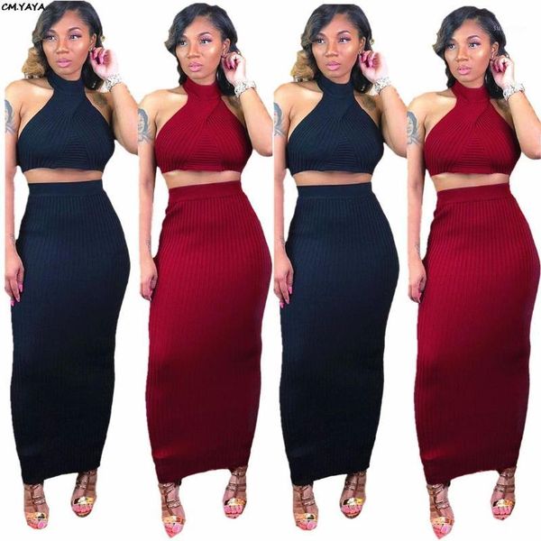 

women's two piece pants 2021 women outfit knitted sleeveless crop bodycon maxi midi skirts suit 2pcs set long dress pencil tracksui, White