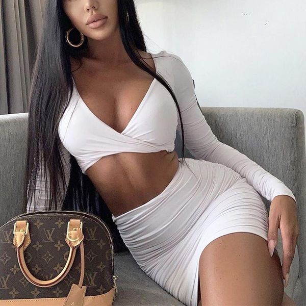 

fsda two piece set women long sleeve v neck crop white and mini bodycon skirt lady casual black pink outfit1