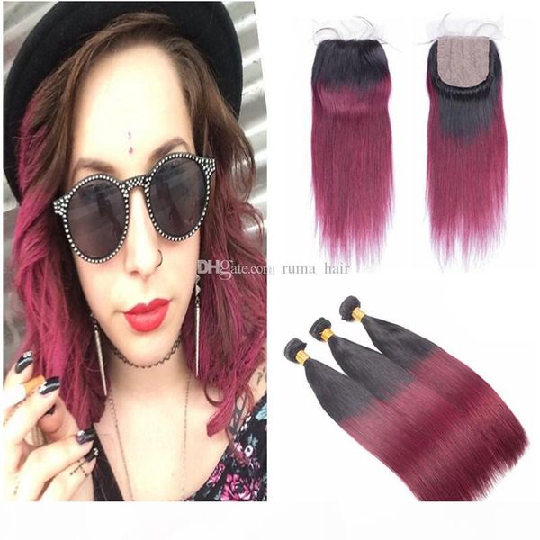 

human hair bundles with silk base closure straight 8a grade unprocessed malaysian virgin hair weaves with 99j silk lace closure 4*4 inch, Black;brown