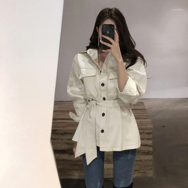 

2020 korea chic autumn handsome tooling jacket waist slim slim denim short jacket wild thin shirt women1, Black;brown