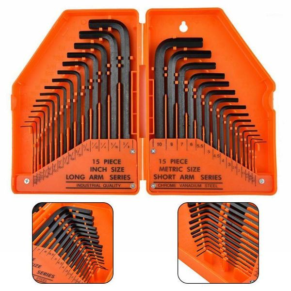 

30pcs steel british metric system flat head inner hexagonal socket wrench set long arm and short arm allen wrenches hand tools1