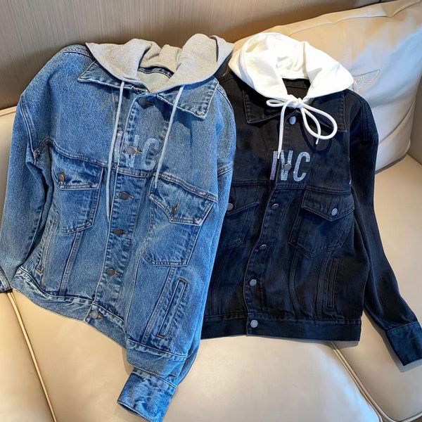 

21ss fashion women twinset hoodie denim jacket cool detachable hooded jacket with designer letters drilling with shining stones black blue, Black;brown