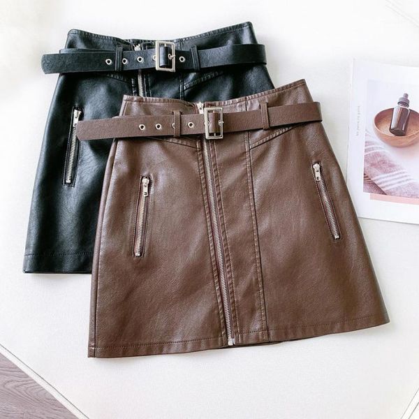 

2020autumn&winter new women fashion locomotive style retro western pu leather skirt high waist slimming mini skirt, Black