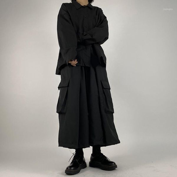 

harajuku wind and day series ins chaoren yamamoto small group dark design loose overalls nine point pants skirt men and women1, Black