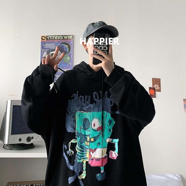 

hip hop sweater men's hooded winter hiphop clothes loose trend ins coat fashion label autumn wear, Black