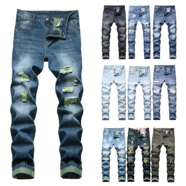 Мужские джинсы Мужские рваные прямые тонкие хип-хоп нашивки Неэластичные джинсовые брюки без ремня Несколько стилей