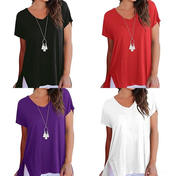 

bewwg v-neck spring and summer t-shirt women's new clothing front short back long sleeve seam split 2019 short side loose t-shirt w4vmd, White