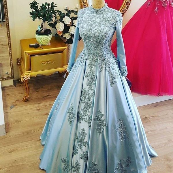 2022 Muslimische Türkis Mint Arabische Abendkleider tragen Satin High Hals Lange Ärmel Spitze Appliques Kristall Perlen Plus Größe Prom Dress Party Pageant Kleider