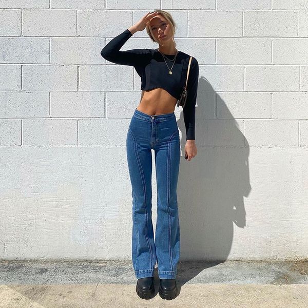 

women's jeans women denim elastic small horn female slim fit pants fashion hem strap bow casual long clothing, Blue