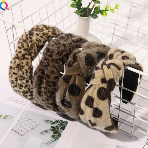

retro yellow leopard print faux fur headband winter warm plush hair hoop for women girls fashion wide-brimmed cross knotted hair accessories, Silver