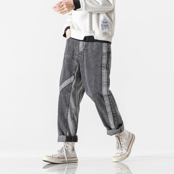 

weisi studio slim 2021 winter new creative contrast color stripes stitching loose straight jeans for men, Blue