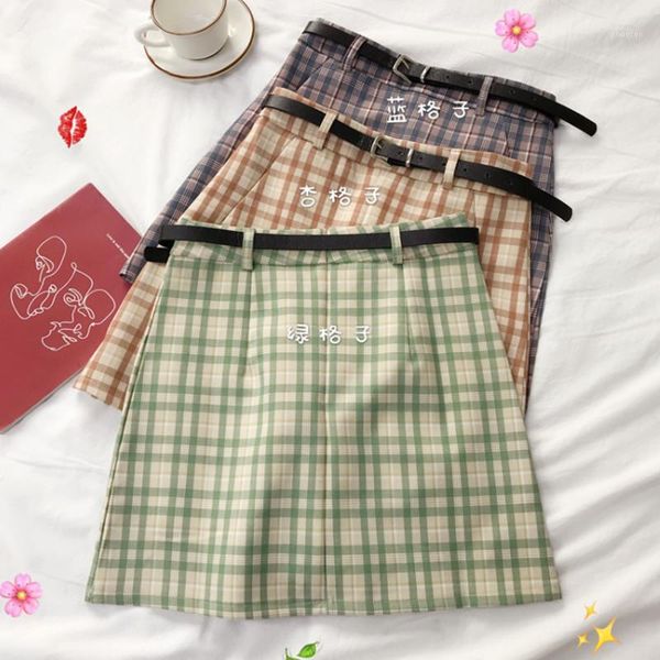 

pleated plaid skirst autumn skirt women new korean vintage plaid skirt was thin high waist a-line female belt1, Black