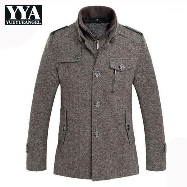 

men's wool & blends 2021 autumn winter mens business casual coat fashion stand collar outerwear male single breasted pocket long woolen, Black