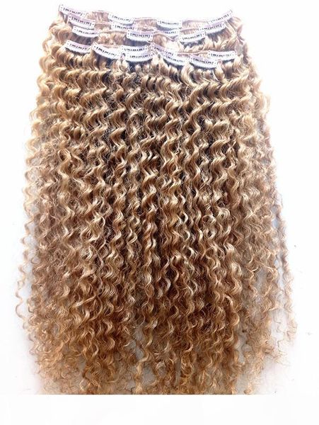

new brazilian virgin remy curly hair weft clip in natural kinky curl weaves unprocessed dark blonde human extensions hair, Black;brown