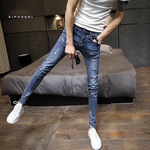 

men's jeans wholesale 2021 fashion teenagers casual street ripped denim trousers skinny men slim stretch pants, Blue