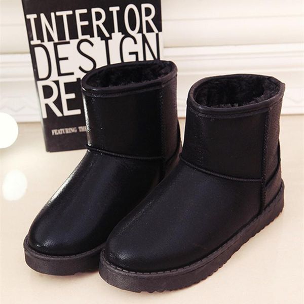 

flat-heel non-slip short sleeve sleeve 2020 winter new flat-bottom thick pearlescent leather basic snow boots women, Black