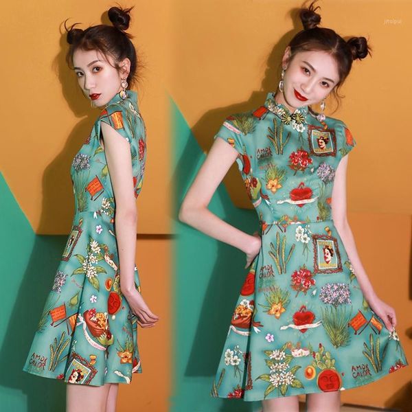 

2020 new and improved cheongsam print dress chinese traditional dress for women cheongsam1, Red