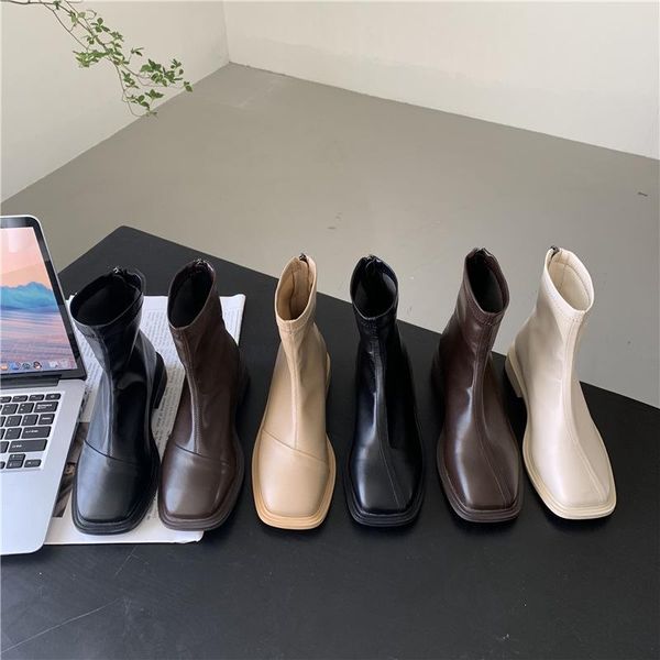 

shoes boots boots-women round toe mid calf low autumn 2020 leather mid-calf rock rubber ladies rome mid-calf fabric hoof, Black