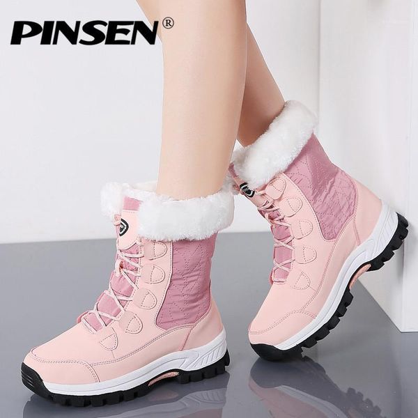 

pinsen 2020 winter women snow boots warm push mid-calf boots women platform female lace-up waterproof botas mujer1, Black