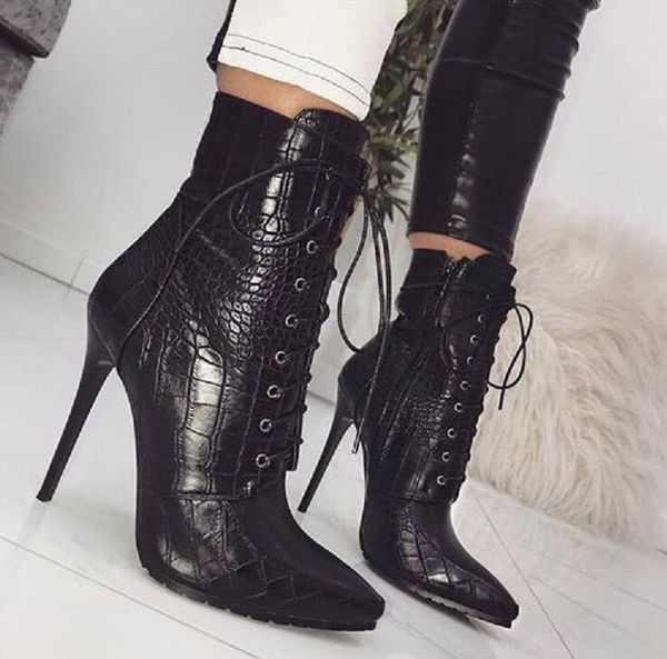 

boots snakeskin grain ankle for women high heels fashion pointed toe ladies shoes 2021 lace-up size 35-42, Black