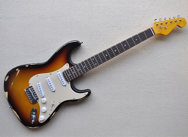 

tobacco sunburst 6 strings electric guitar with sss pickups,vintage style,rosewood fretboard,white pickguard,can be customized