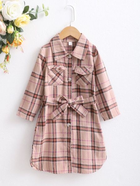 

toddler girls plaid flap pocket belted shirt dress she, Red;yellow