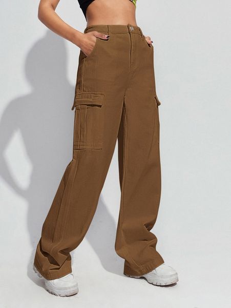

high waist flap pocket cargo jeans 38zw#, Blue
