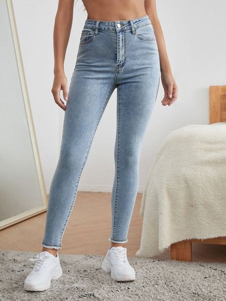 

high waist raw hem skinny jeans f5md#, Blue
