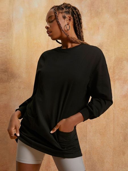 

x penelope ping solid dual pocket drop shoulder pullover x49c#, White;black