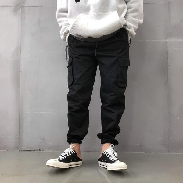 

men's pants ribbons harem joggers men cargo streetwear 2021 hip hop casual pockets track male harajuku fashion trousers, Black