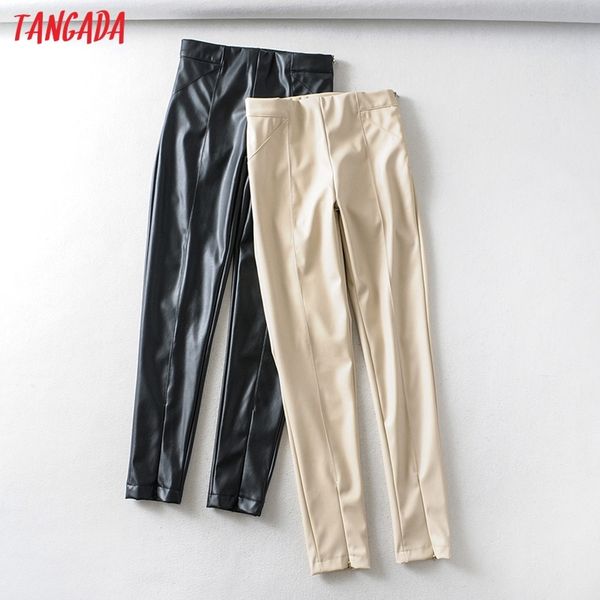 

tangada women white skinny pu leather pants stretch zipper female autumn winter pencil pants trousers 6a04 1017, Black;white