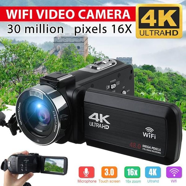 4K Ultra HD видеокамера Видеокамера WiFi 30MP 3.0 дюйма 270 градусов вращения ЖК-сенсорный экран 16x цифровой зум DV видеокамера камеры