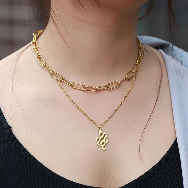 

gold color stainless steel double layered necklace for women rolo box wheat link chain cactus pendant choker 2021 new ldn204, Silver