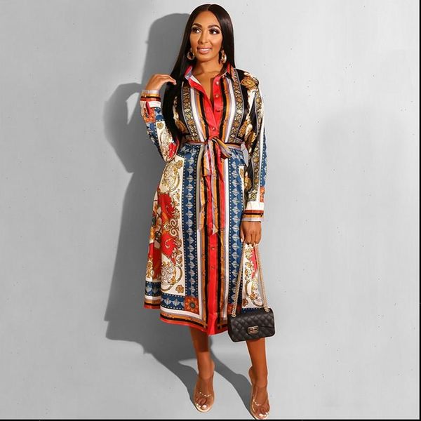 

spring ladies turn down collar print a line work office long dress casual fit and flare pleated dress autumn women fashion, Black;gray
