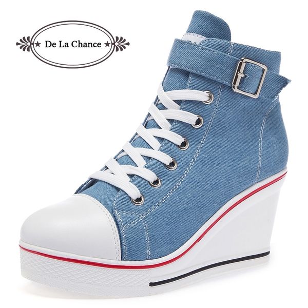 

new fashion women high canvas sneakers wedges shoes women's denim ankle lace up ladies ankle canvas shoes woman y200109, Black