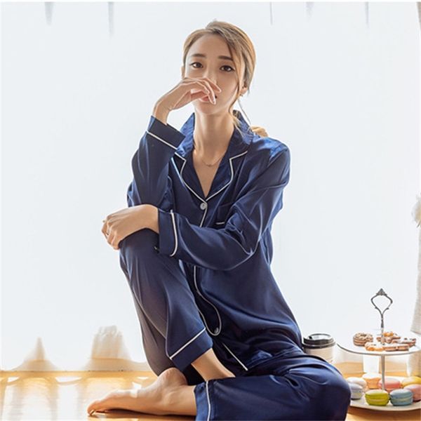 

2 piece autumn women sleepwear faux silk satin pajamas set long sleeve sleepwear pajamas suit female homewear 201027, Black;red