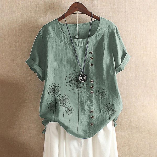 

2020 blouse women flower print vintage linen blouse female button shirts short sleeve summer blusas kaftan oversized shirt, White