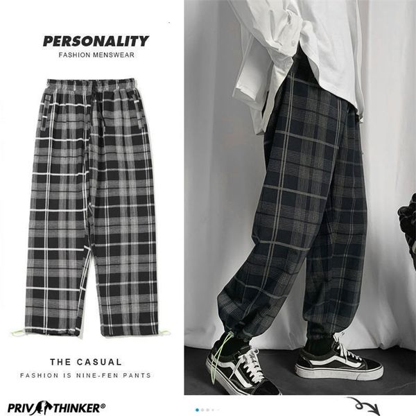 

privathinker men's plaid casual harem pants korean man loose ankle-length trousers harajuku streetwear male clothing 220108, Black