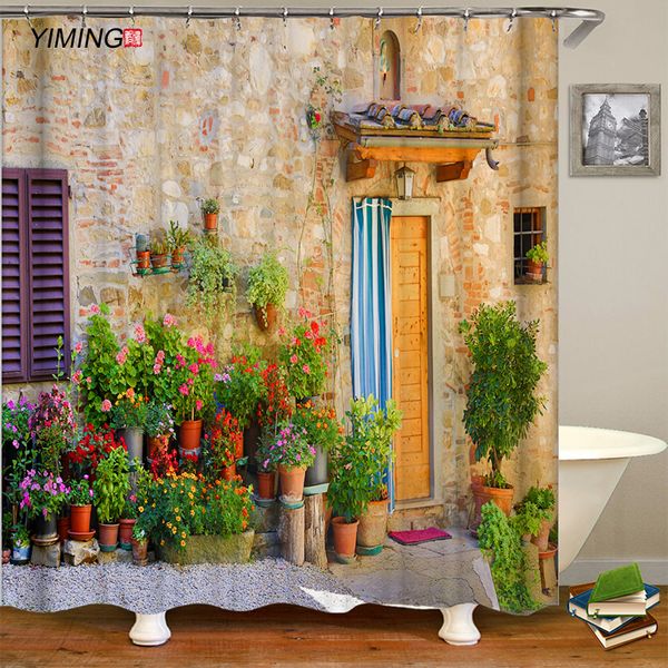 

200x180bathroom waterproof shower curtain 3d beautiful scenery country street scene printing family decoration curtain with hook